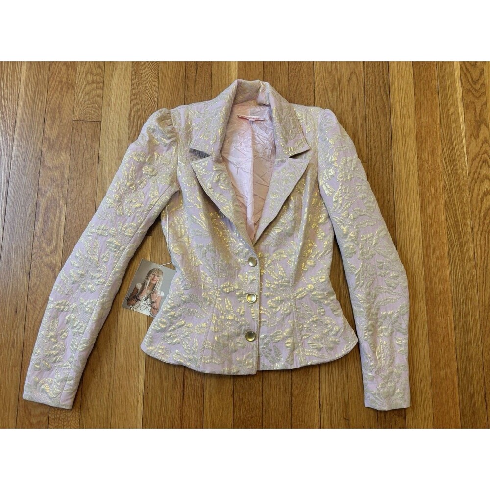 Vintage Y2K Betsey Johnson Blazer Jacket Pink Gold Jacquard Floral Size 4